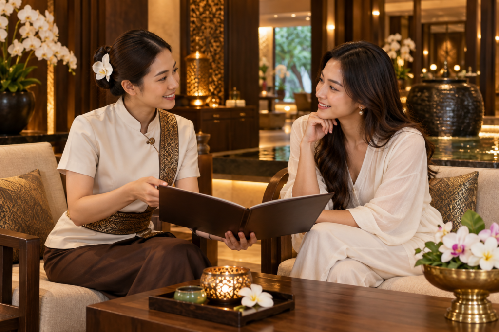 ภาพประกอบการพูดคุยกับผู้ใช้บริการ / Spa consultation illustration